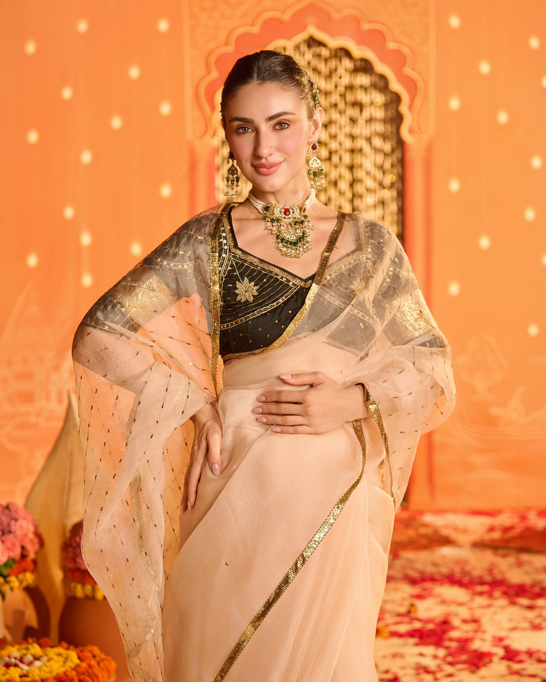 Amaira Black Embroidered Satin Aangi Blouse And Saree