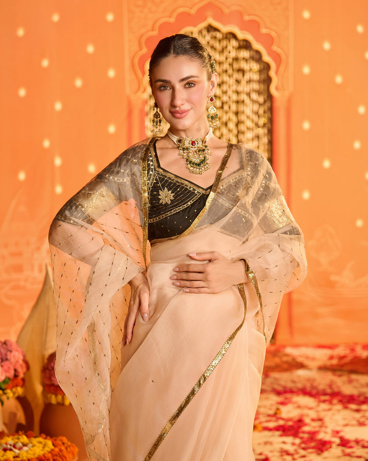 Amaira Black Embroidered Satin Aangi Blouse And Saree