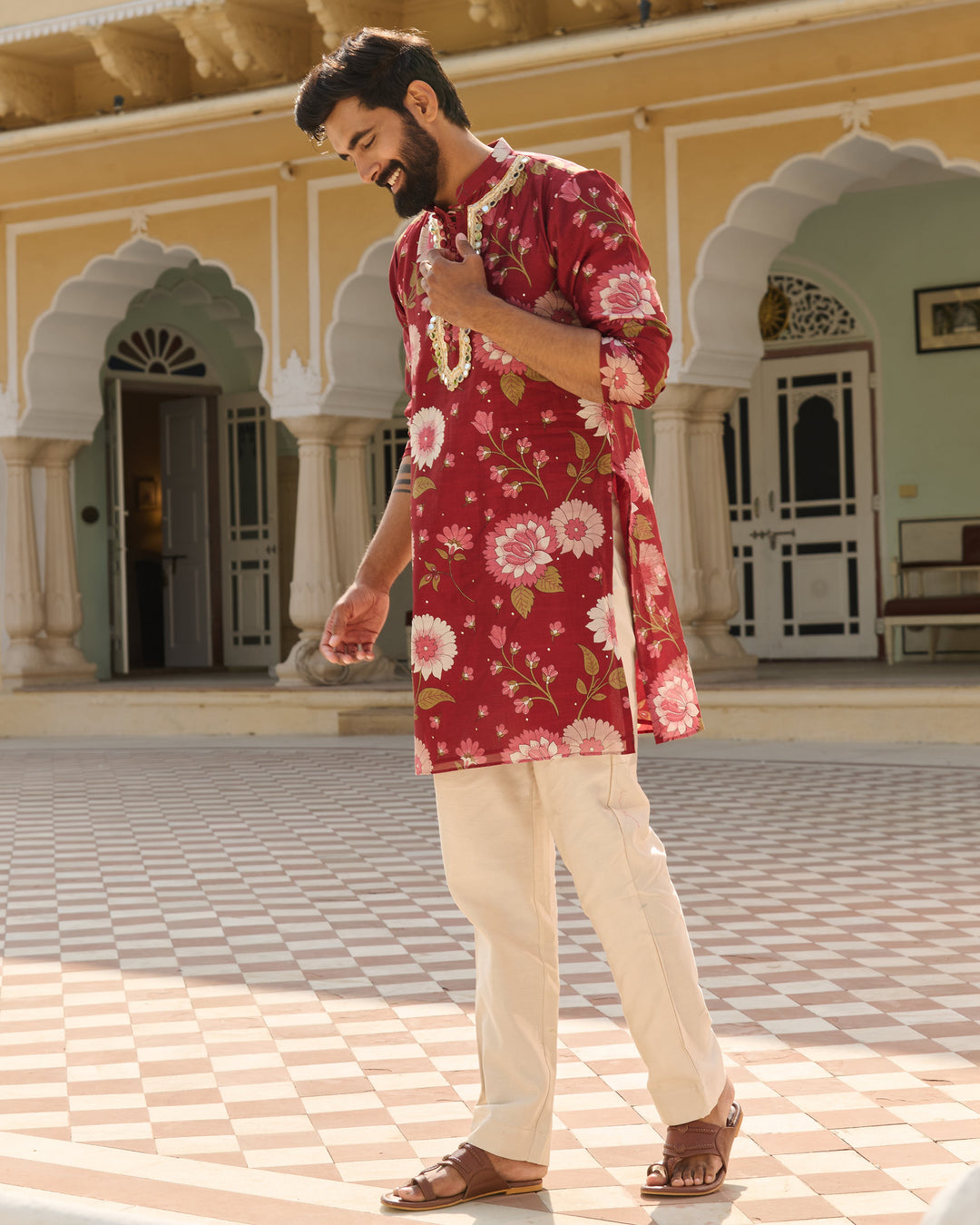 Dev Maroon Printed Chanderi Kurta
