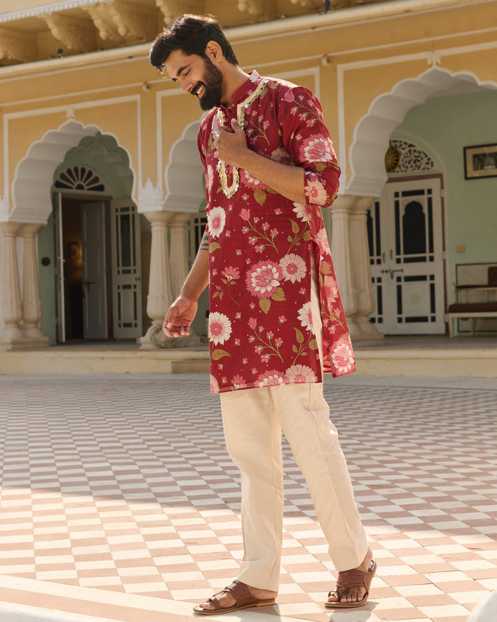 Dev Maroon Printed Chanderi Kurta