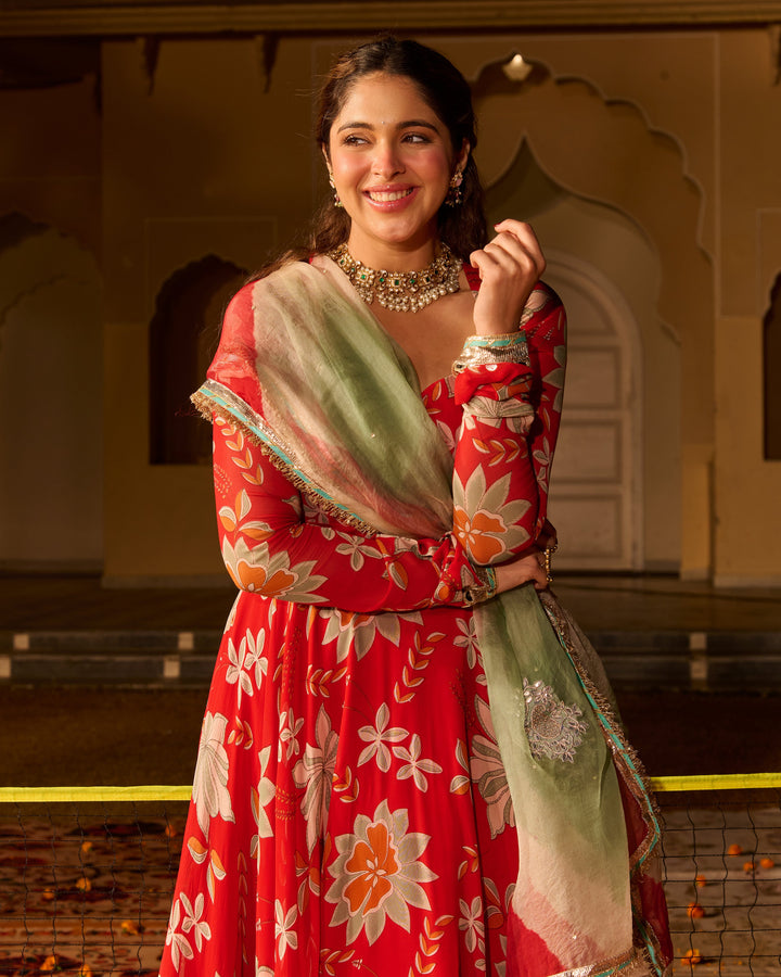 Zeenat Red Printed Georgette Suit Set