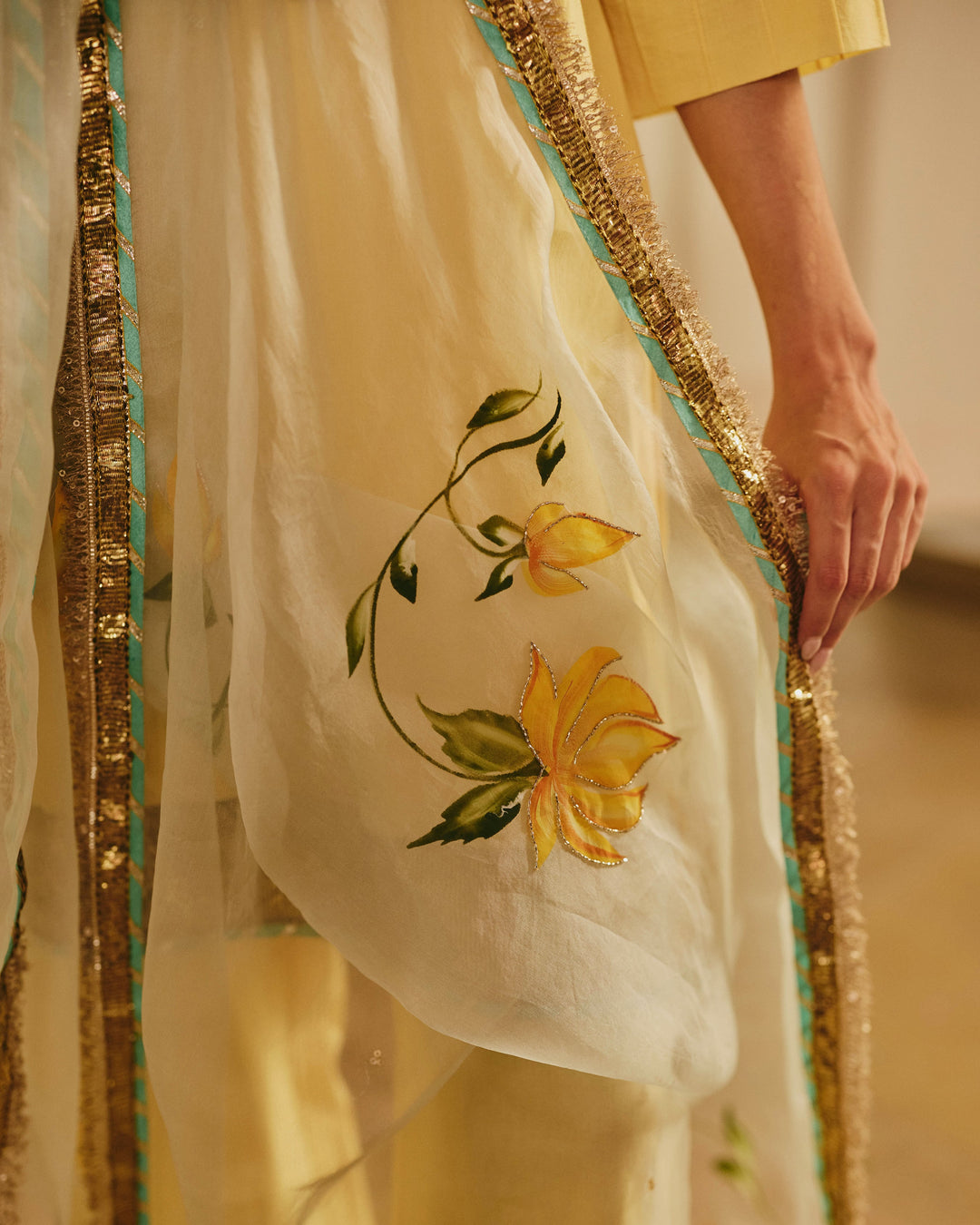 Vara Yellow Handpainted Cotton Suit Set