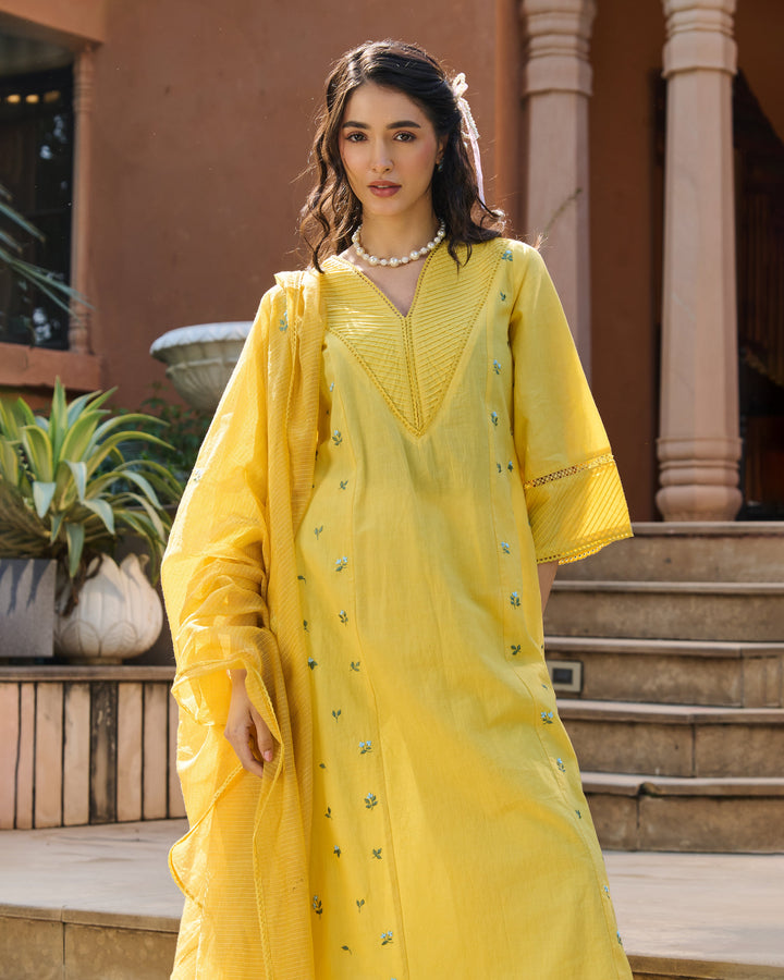 Serein Yellow Embroidered Cotton Suit Set