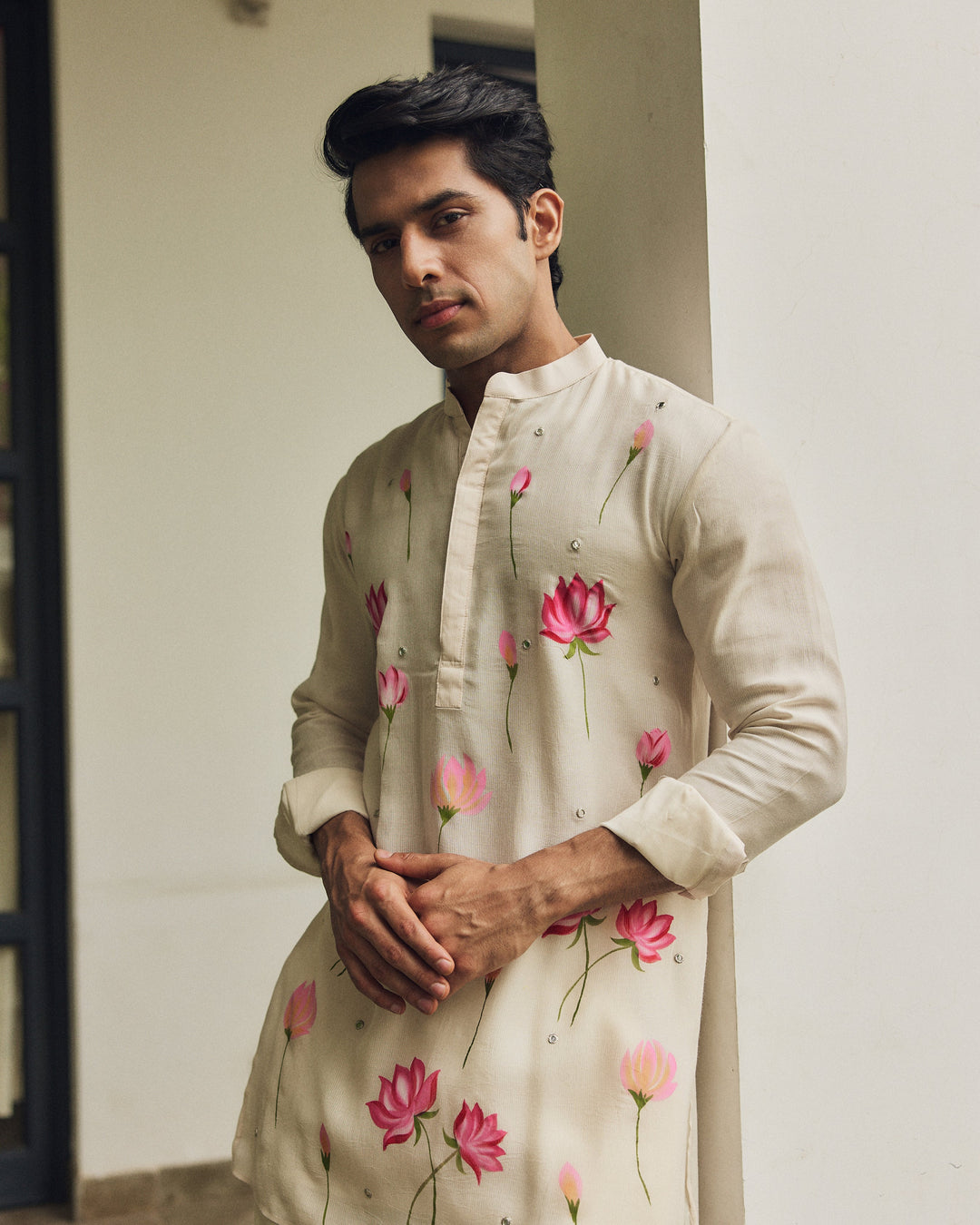 Zavian Off White Handpainted Checks Kurta