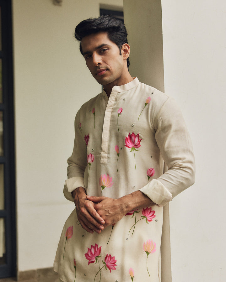 Zavian Off White Handpainted Checks Kurta
