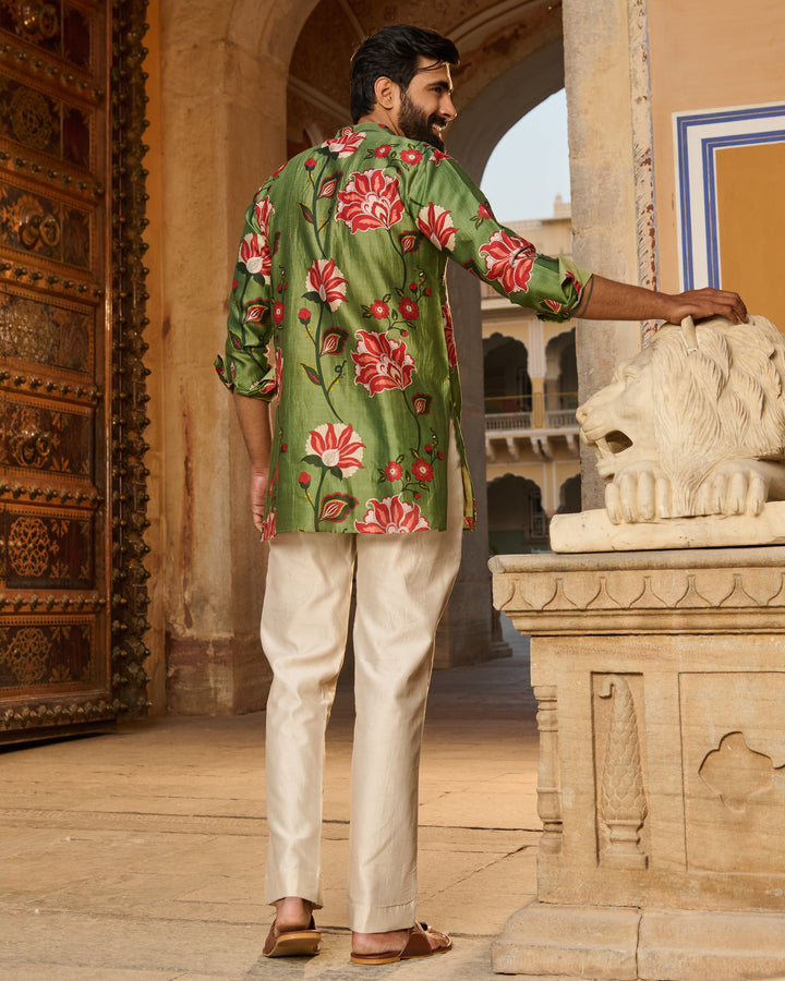 Ishaan Olive Printed Chanderi Kurta
