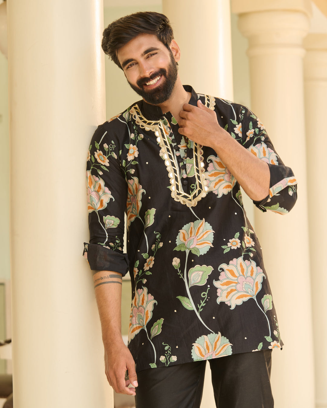 Rudra Black Printed Chanderi Kurta