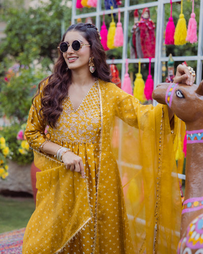 Pavitra Yellow Bandhani Chanderi Suit Set