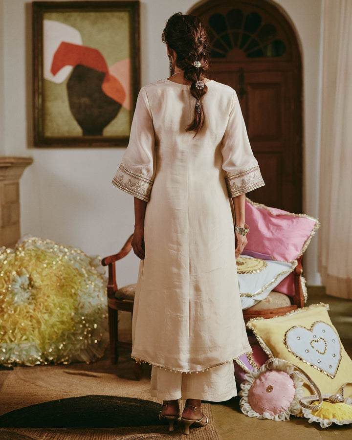 Vamikaa Ivory Handpainted Viscose Organza Coord Set