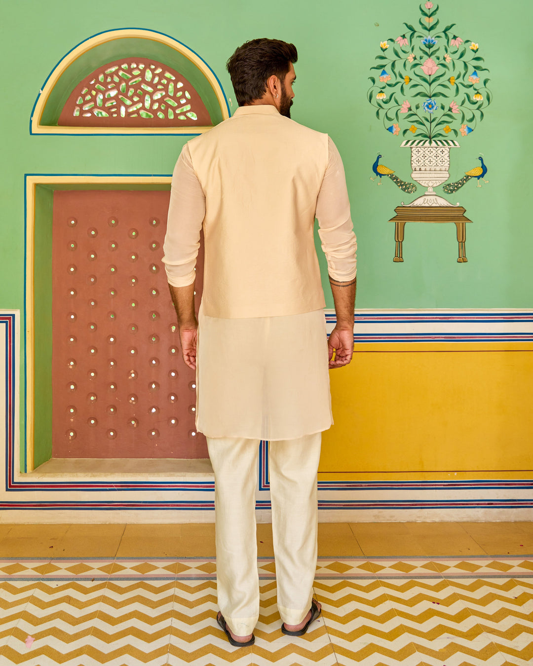 Parag Beige Embroidered Silk Jacket And Kurta Set