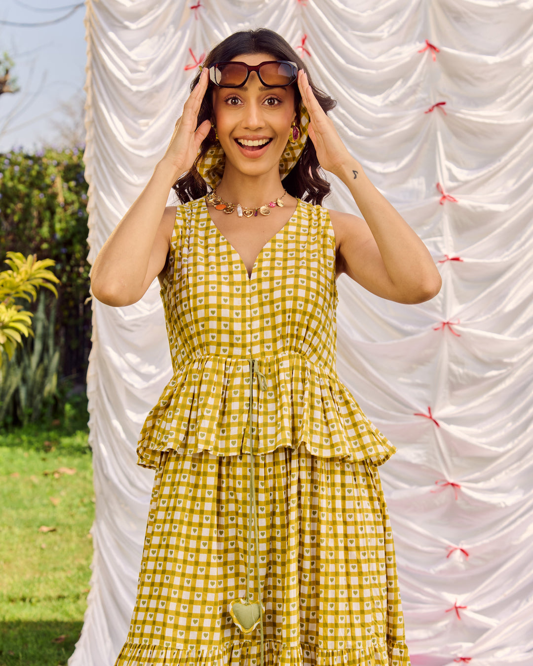 Emer Olive Cotton Checks Printed Dress