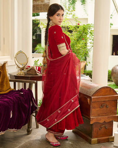 Viti Red Embroidered Velvet Suit Set