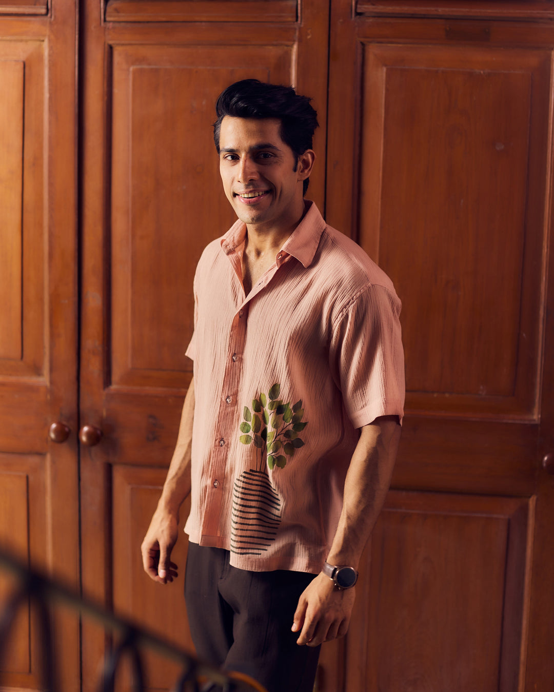 Nikhil Beige Cotton Crush Handpainted Shirt
