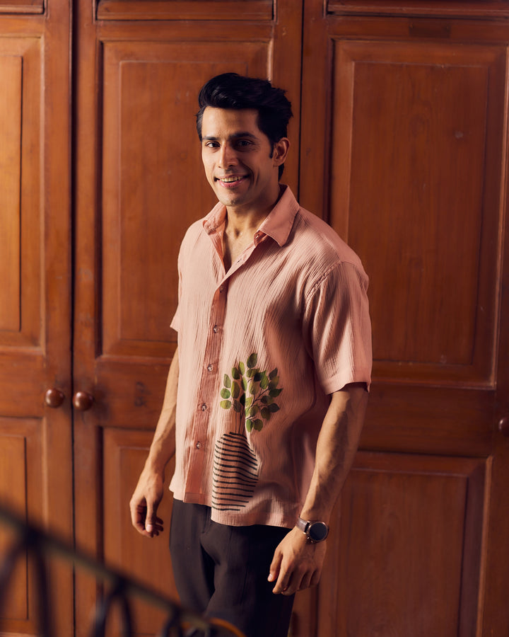 Nikhil Beige Cotton Crush Handpainted Shirt