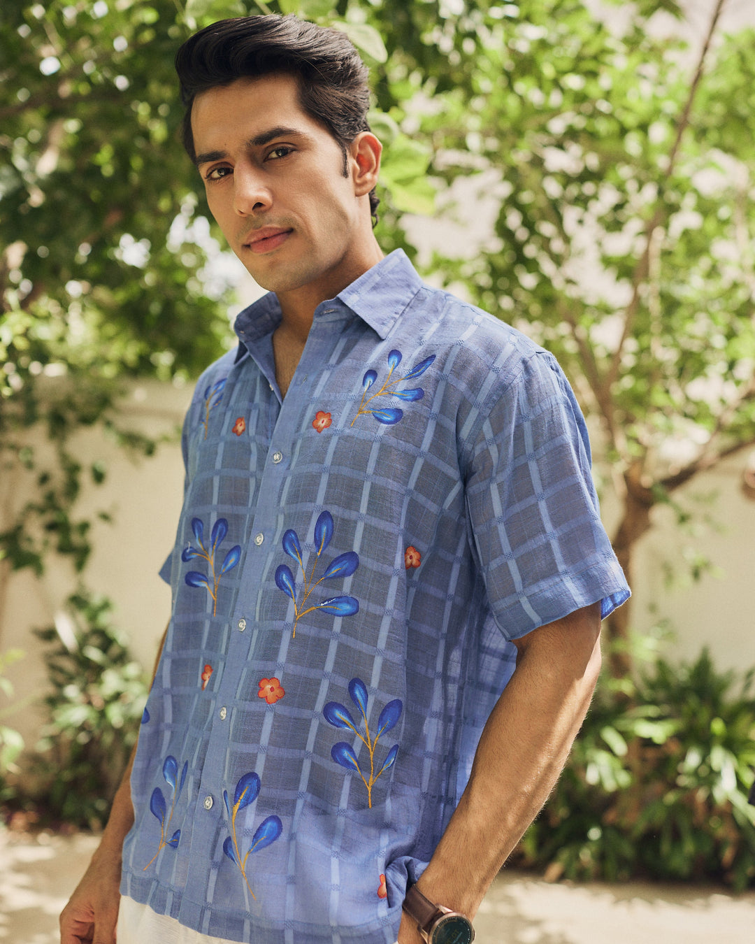 Samay Blue Cotton Dobby Handpainted Shirt