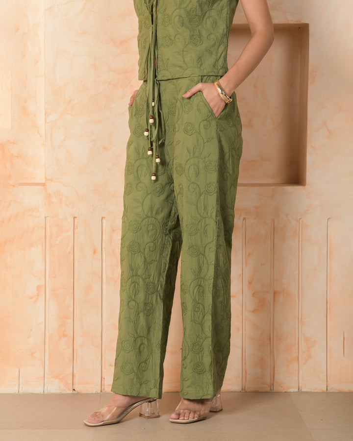 Tourmaline Olive Solid Cotton Schiffli Coord Set