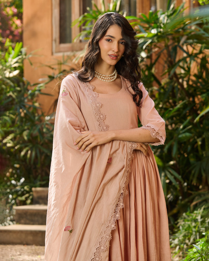 Fizz Beige Embroidered Cotton Crush Suit Set
