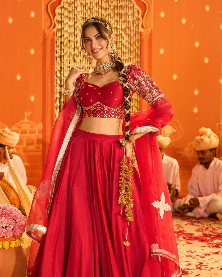 Tejvya Magenta Embroidered Chanderi Lehenga Set