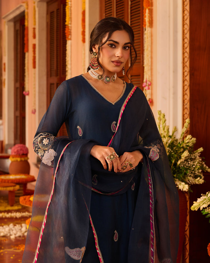 Riddhima Teal Blue Embroidered Chanderi Suit Set