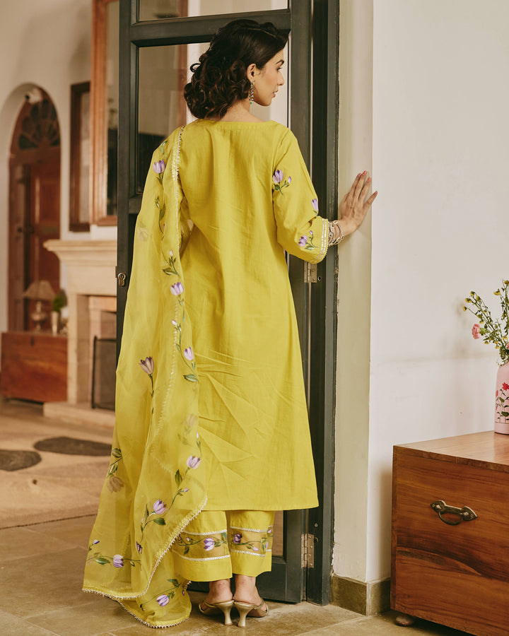 Adaa Green Handpainted Cotton Suit Set
