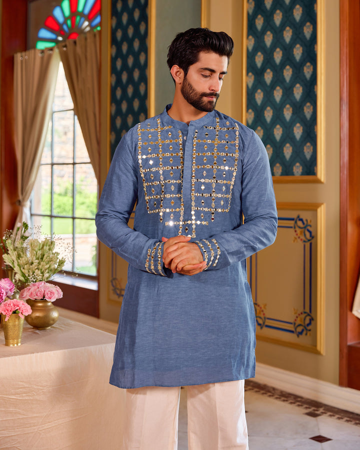 Tattva Blue Silk Embroidered Kurta