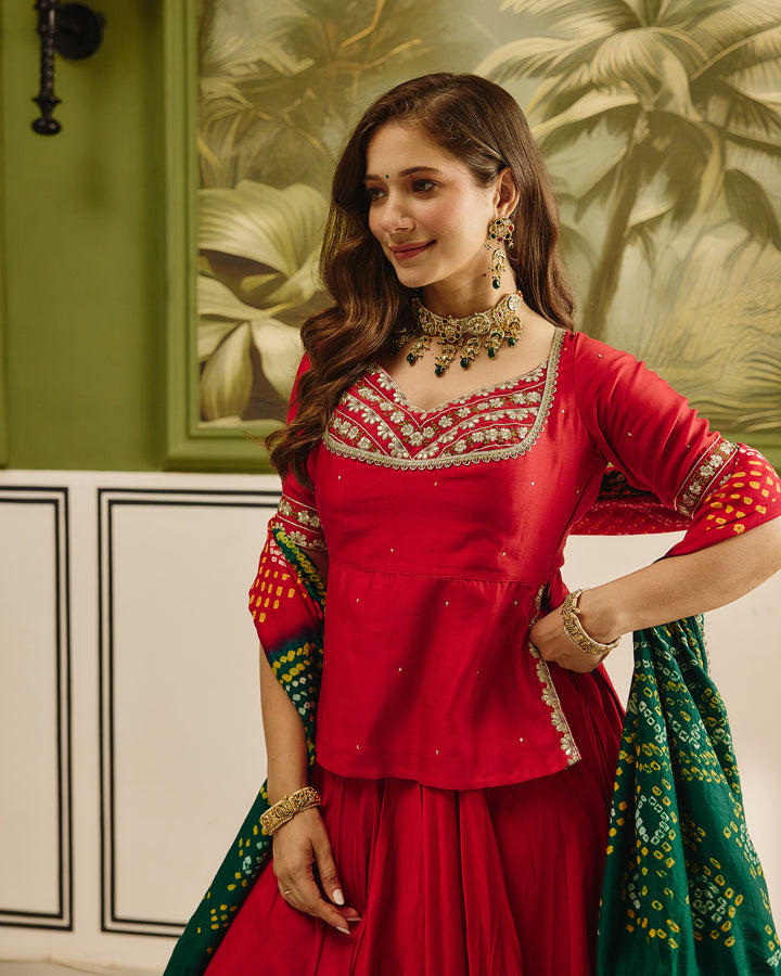 Anuroop Red Embroidered Chanderi Lehenga Set