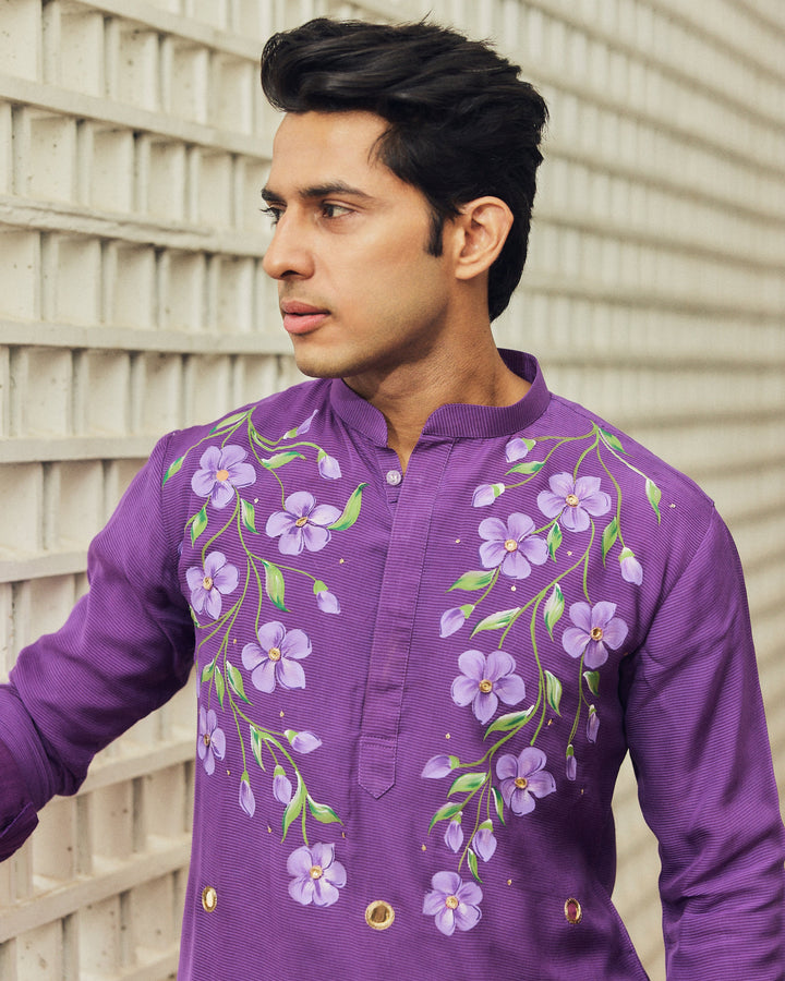 Rudvek Purple Handpainted Tabby Stripes Kurta