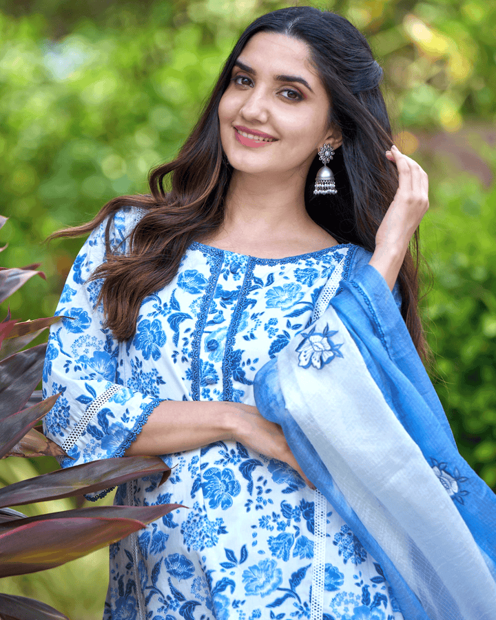 Fresh Blue Printed Cotton Suit Set