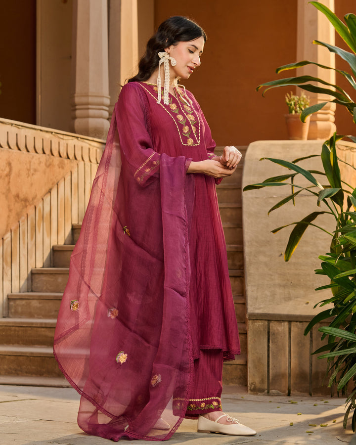 Jugal Wine Embroidered Chanderi Suit Set