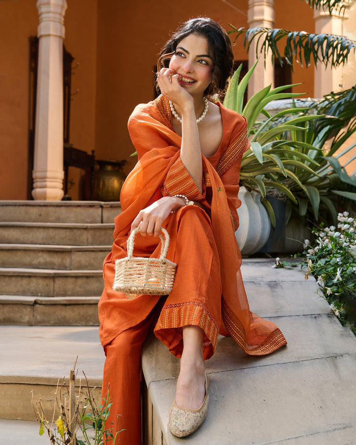 Nafees Orange Embroidered Chanderi Suit Set