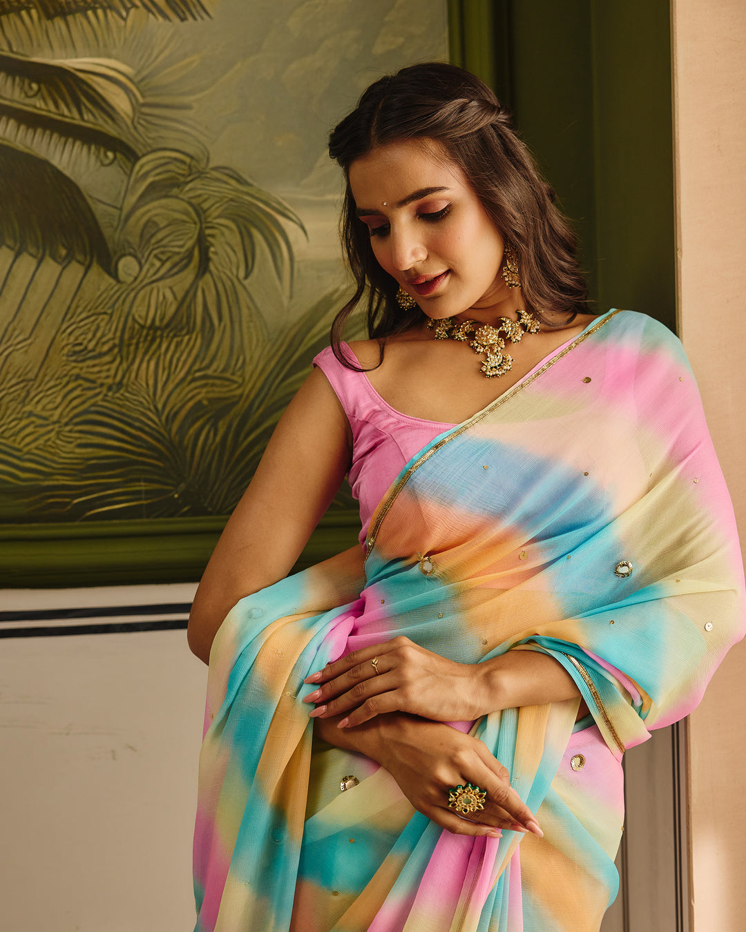 Jeevika Light Multi Color Leheriya Chiffon Saree