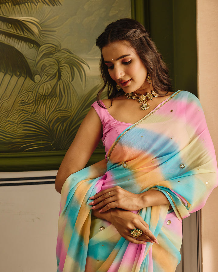 Jeevika Light Multi Color Leheriya Chiffon Saree