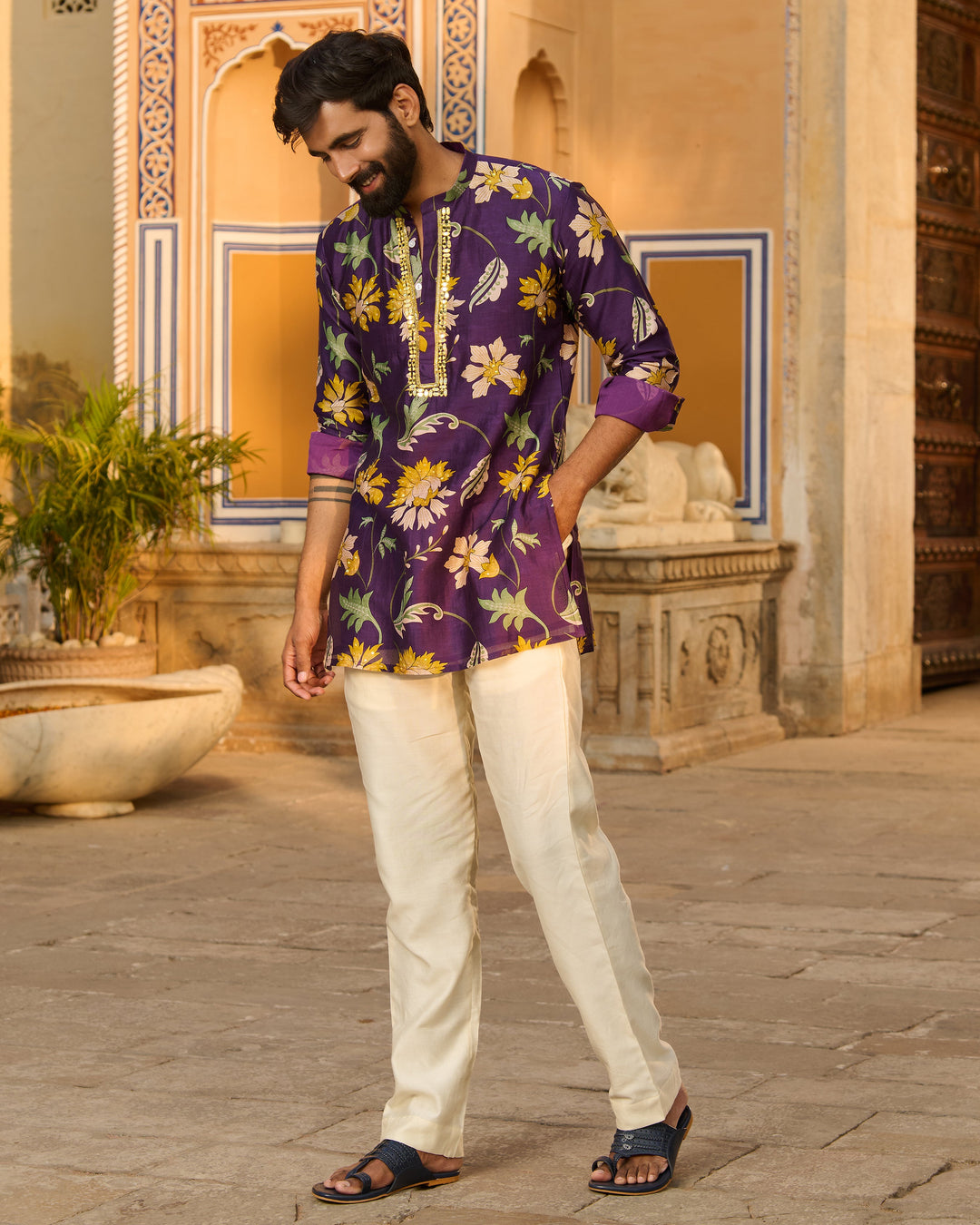 Yuvraj Purple Printed Chanderi Kurta