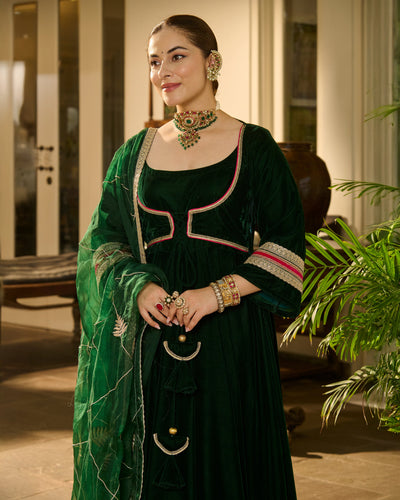 Bhavani Green Solid Velvet Suit Set