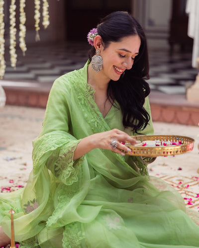 Neo Green Embroidered Chanderi Suit Set