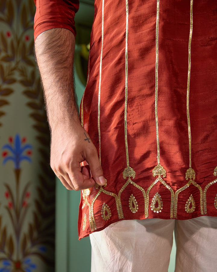 Kaushik Rust Orange Silk Embroidered Kurta