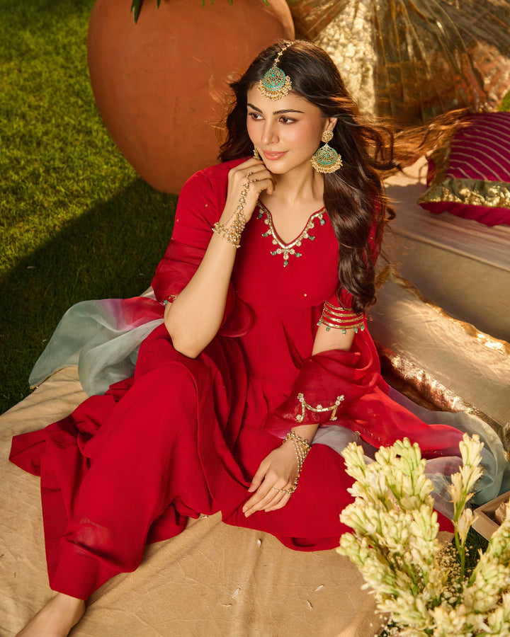 Laxmi Red Embroidered Georgette Suit Set
