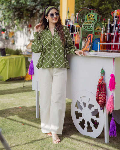 Lama Green Bandhani Cotton Shirt