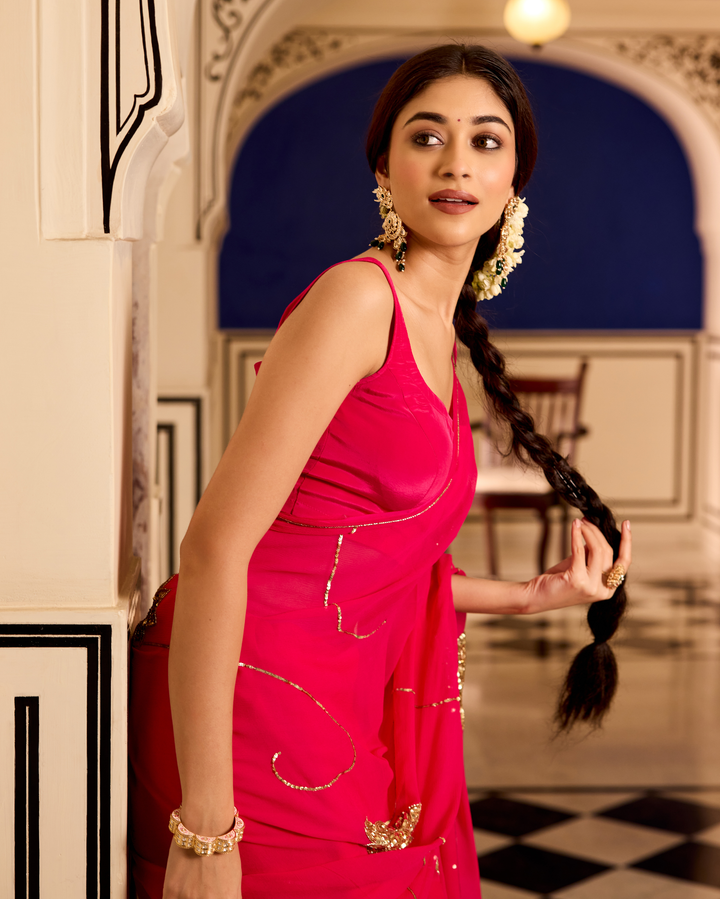 Lavanya Pink Handcrafted Chiffon Saree