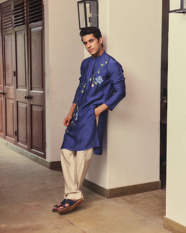 Rivaan Blue Handpainted Silk Kurta