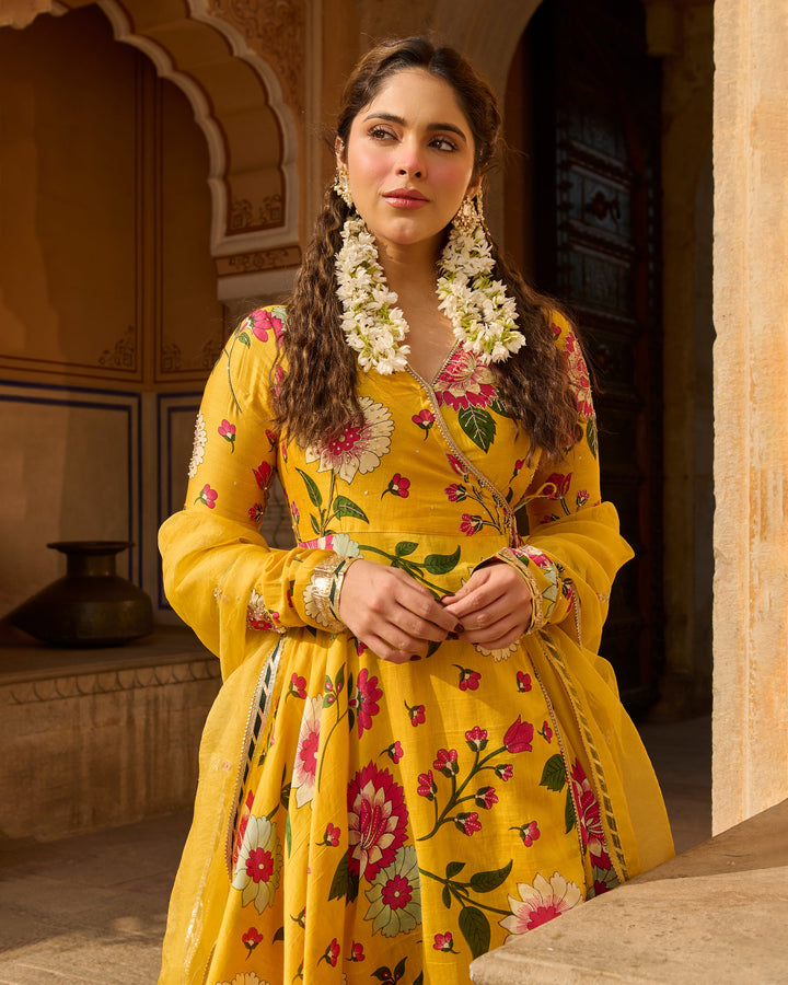 Iltija Yellow Printed Chanderi Suit Set