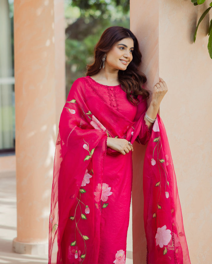 Meadow Magenta Handpainted Chanderi Suit Set