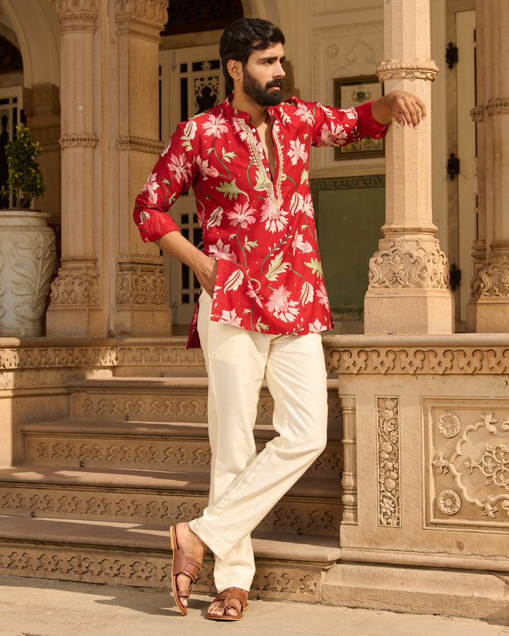 Ekam Red Printed Chanderi Kurta