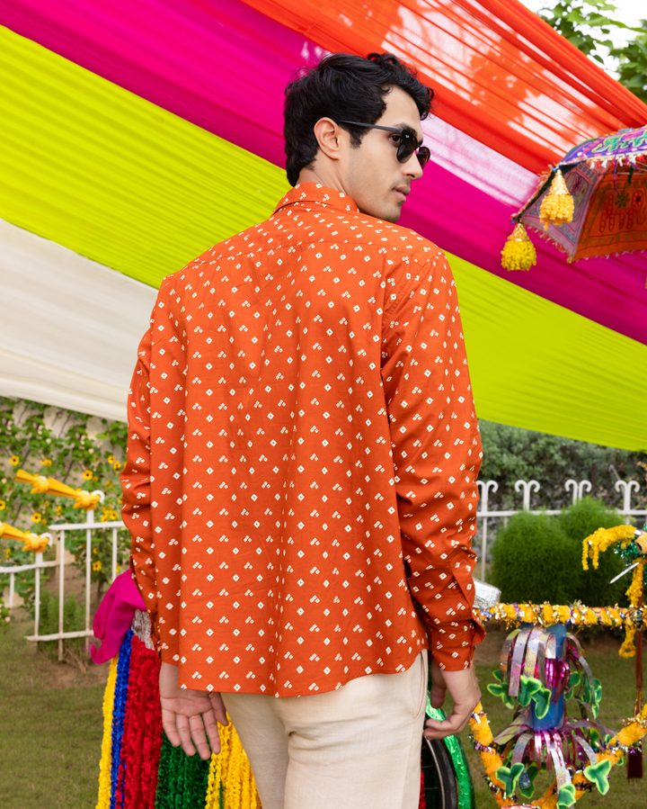 Sharvik Orange Bandhani Cotton Shirt