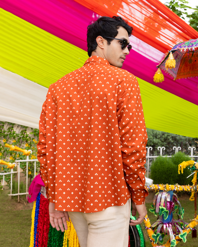 Sharvik Orange Bandhani Cotton Shirt
