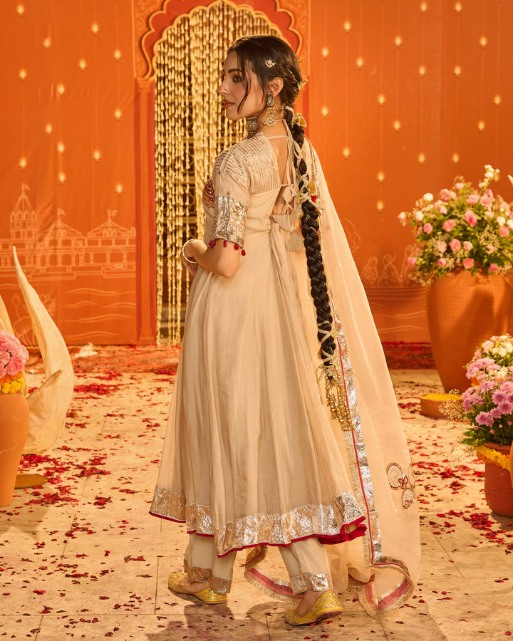 Navdurga Beige Embroidered Chanderi Aangi Suit Set