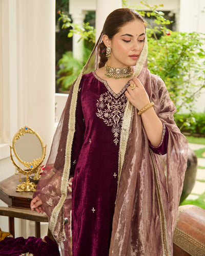 Yug Purple Embroidered Velvet Suit Set