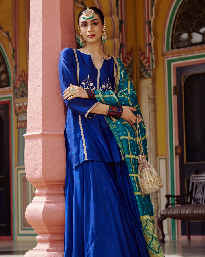 Ishani Blue Embroidered Chanderi Suit Set
