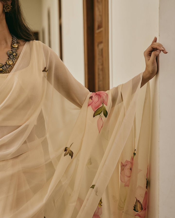 Mallika Peach Handpainted Chiffon Saree