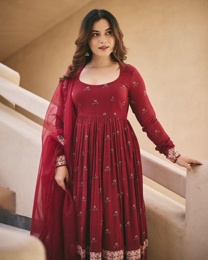 Sara Maroon Cotton Crush Printed Suit Set